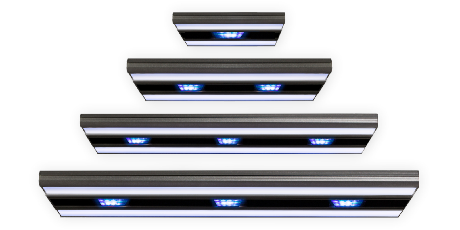 Vier modulare LED-Leuchten in verschiedenen Längen